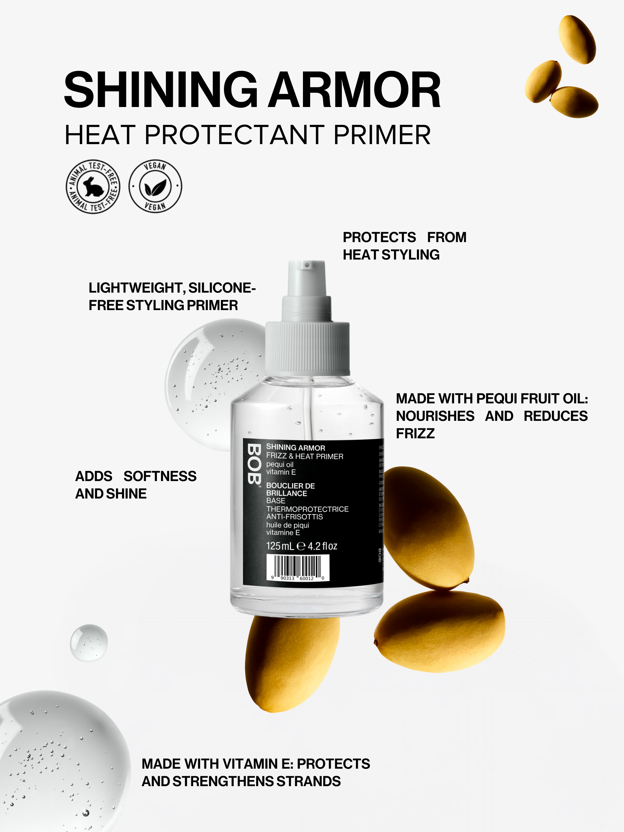 Shining Armor primer ingredients: Pequi Fruit Oil for frizz reduction, Vitamin E for strength